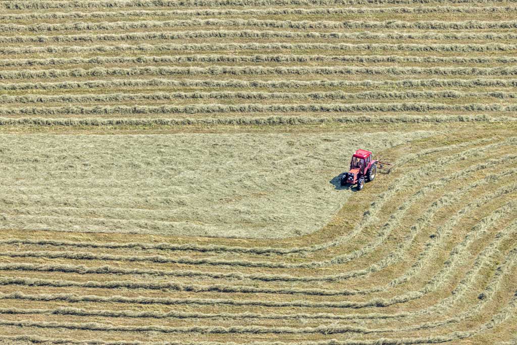 Red tractor turning hay 