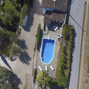 Luftaufnahme von einem Swimmingpool zwischen Palmen, Olivenbäumen und Weinreben - Klaus Leidorf